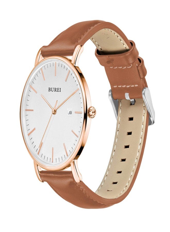 BUREI Men Watches Fashion Minimalist Waterproof Leather Watches for Men Women Student,White Rose Gold - Image 2