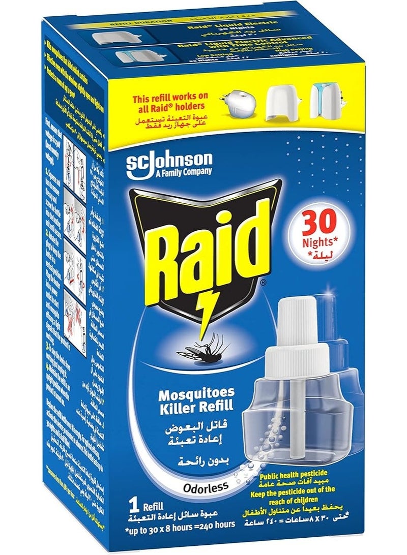 Raid Liquid Electric Mosquito Killer Refill Odorless 30 Nights 1 Refill (240 Hours) - Long-Lasting Up to 8 Hours Over-Night Mosquito and Insect Protection, Compatible with All Raid Holders - Image 1