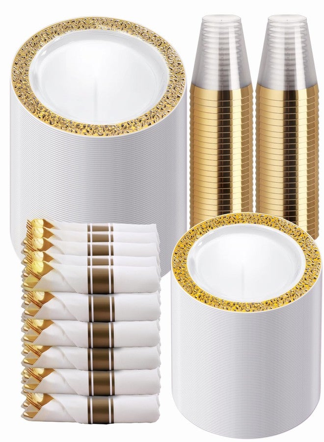 WELLIFE 50 Guests Dinnerware Sets, Gold Plastic Plates，Platos Para Fiestas Elegantes Desechables Include:50 Dinner Plates, 50 Dessert Plate, 150 Pcs Gold Plastic Silverware, 50 Cups for Party - Image 1
