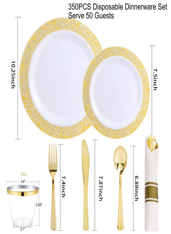 WELLIFE 50 Guests Dinnerware Sets, Gold Plastic Plates，Platos Para Fiestas Elegantes Desechables Include:50 Dinner Plates, 50 Dessert Plate, 150 Pcs Gold Plastic Silverware, 50 Cups for Party - Image 2