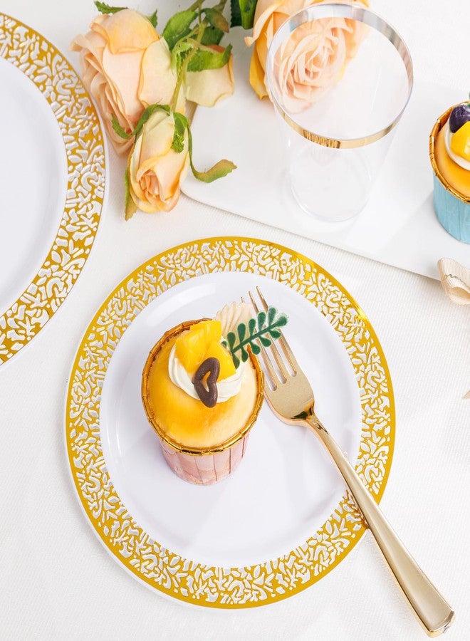 WELLIFE 50 Guests Dinnerware Sets, Gold Plastic Plates，Platos Para Fiestas Elegantes Desechables Include:50 Dinner Plates, 50 Dessert Plate, 150 Pcs Gold Plastic Silverware, 50 Cups for Party - Image 4