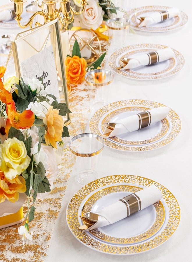 WELLIFE 50 Guests Dinnerware Sets, Gold Plastic Plates，Platos Para Fiestas Elegantes Desechables Include:50 Dinner Plates, 50 Dessert Plate, 150 Pcs Gold Plastic Silverware, 50 Cups for Party - Image 3