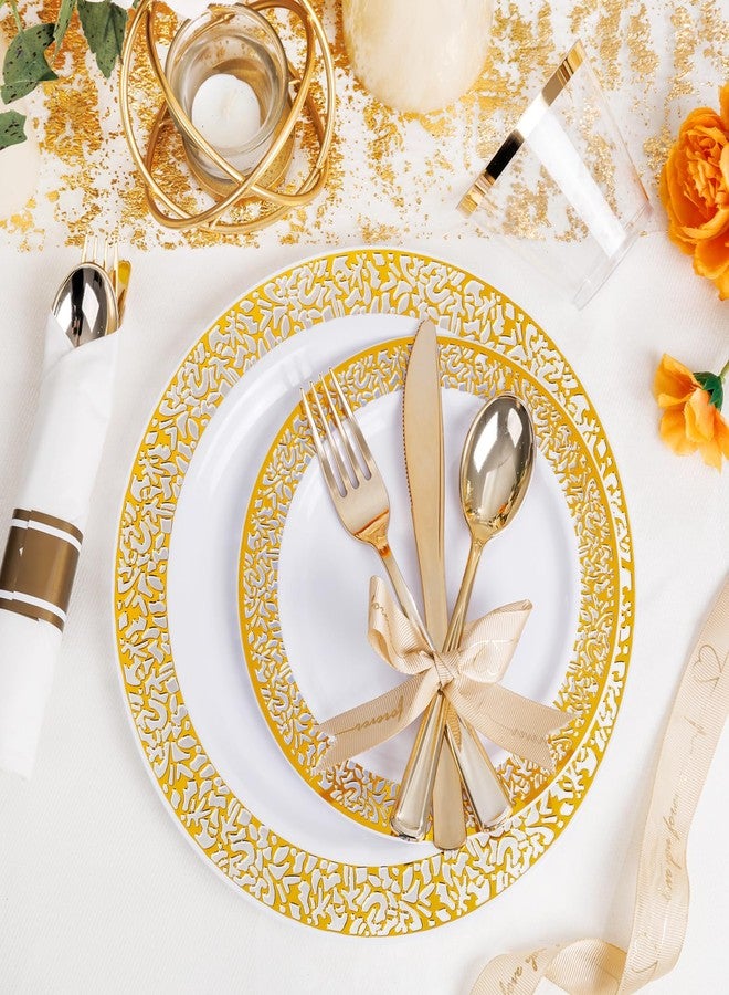 WELLIFE 50 Guests Dinnerware Sets, Gold Plastic Plates，Platos Para Fiestas Elegantes Desechables Include:50 Dinner Plates, 50 Dessert Plate, 150 Pcs Gold Plastic Silverware, 50 Cups for Party - Image 5