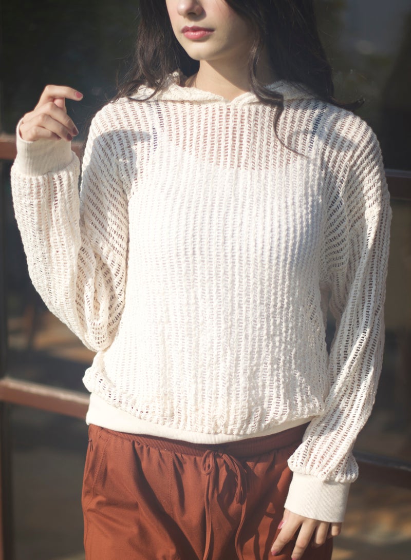 P FOR PRETTY Beige Crochet Hoodie - Image 3