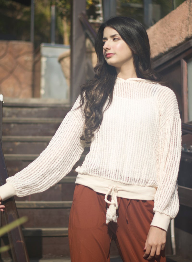 P FOR PRETTY Beige Crochet Hoodie - Image 4