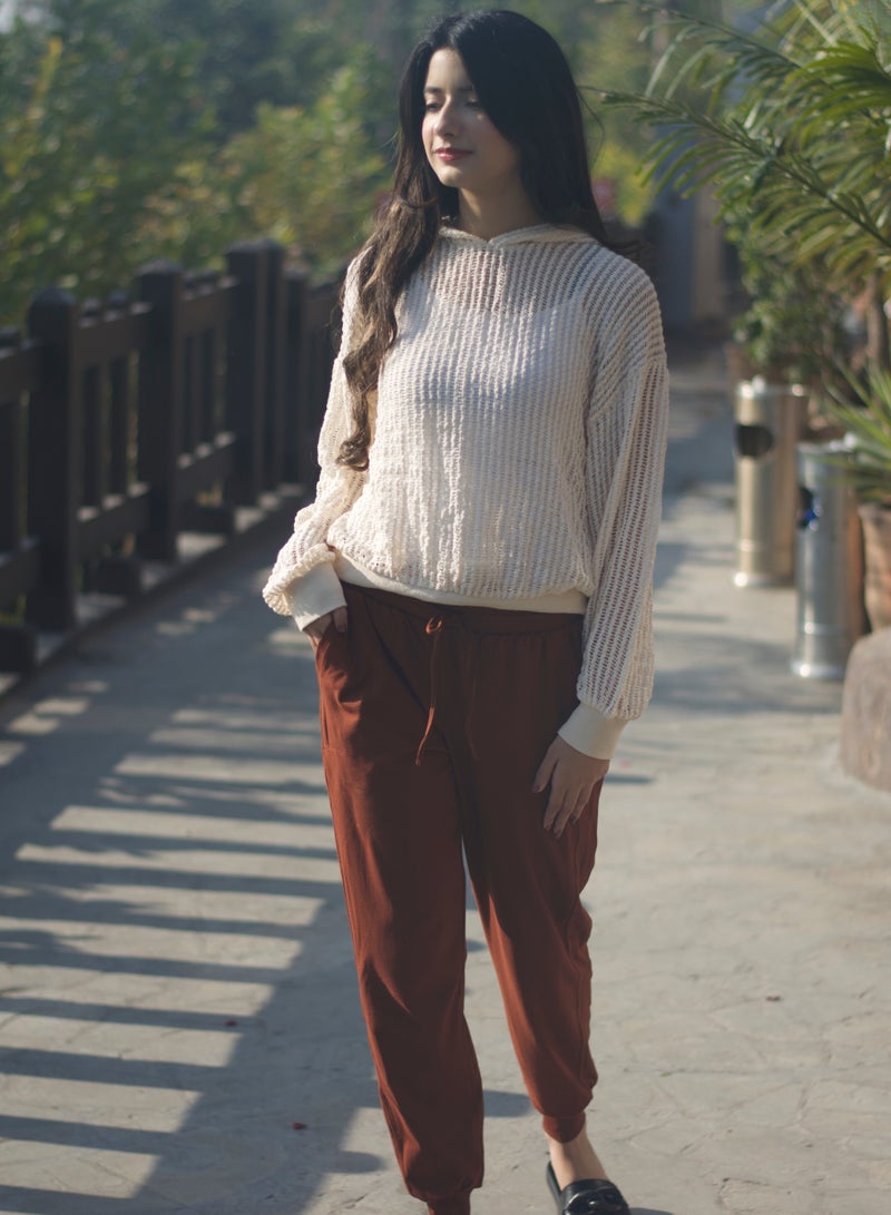 P FOR PRETTY Beige Crochet Hoodie - Image 2