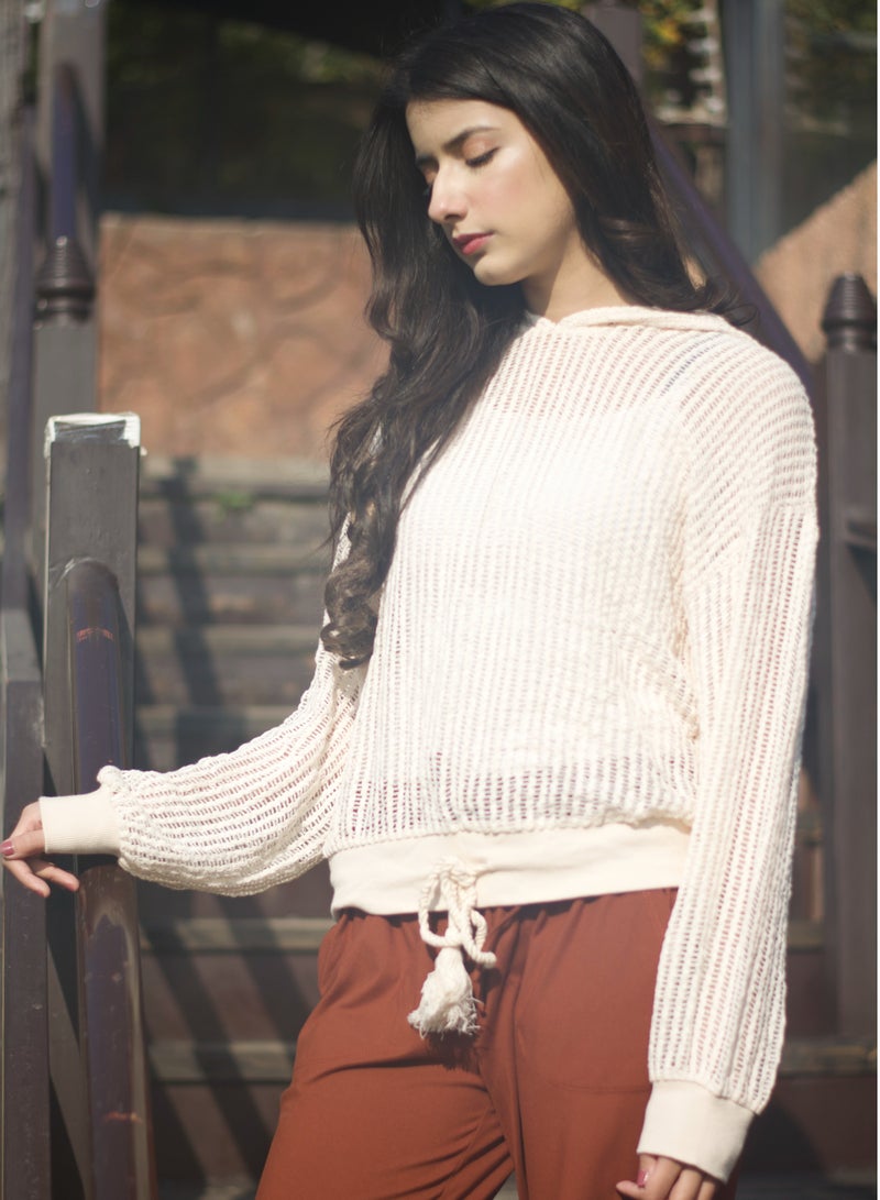 P FOR PRETTY Beige Crochet Hoodie - Image 5