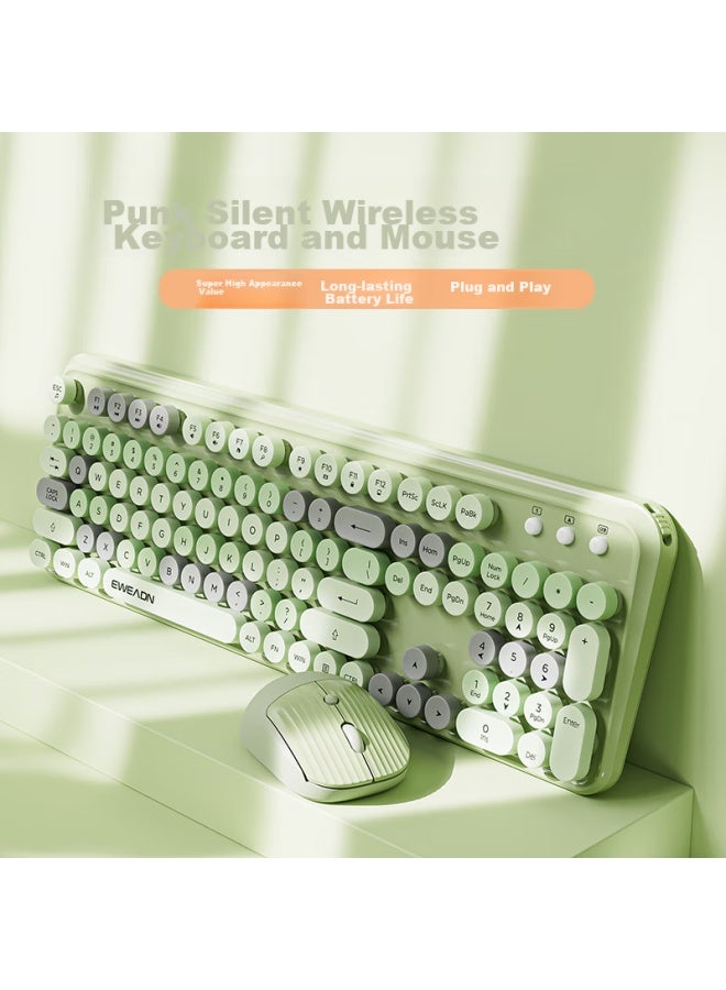 Eweadn V96 Stylish Retro Wireless Keyboard And Mouse Set, Genuine Mechanical Feel, Wireless Office Keyboard And Mouse Set, Laptop Membrane Keyboard, Songshuang Green Wireless Keyboard And Mouse Set - Image 1
