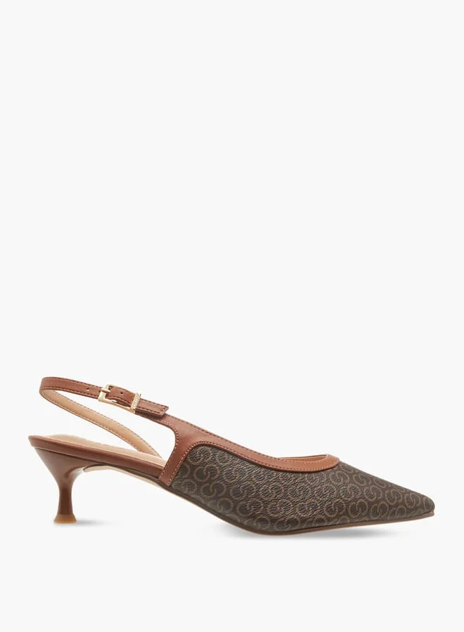 Women's Monogram Print Shoes with Buckle Closure and Kitten Heels