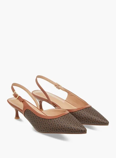 Celeste Women's Monogram Print Shoes with Buckle Closure and Kitten Heels