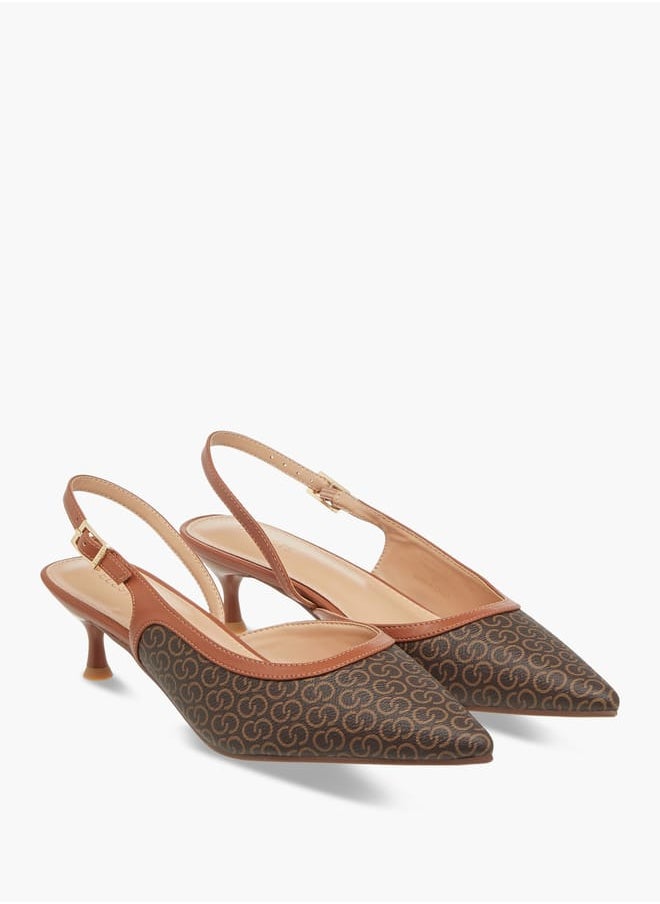 Celeste Women's Monogram Print Shoes with Buckle Closure and Kitten Heels  - Image 1