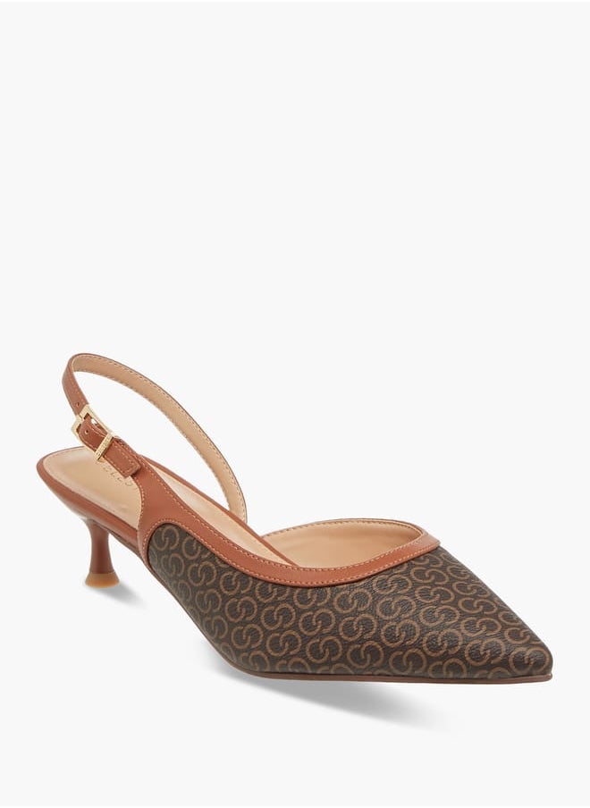 Celeste Women's Monogram Print Shoes with Buckle Closure and Kitten Heels  - Image 2