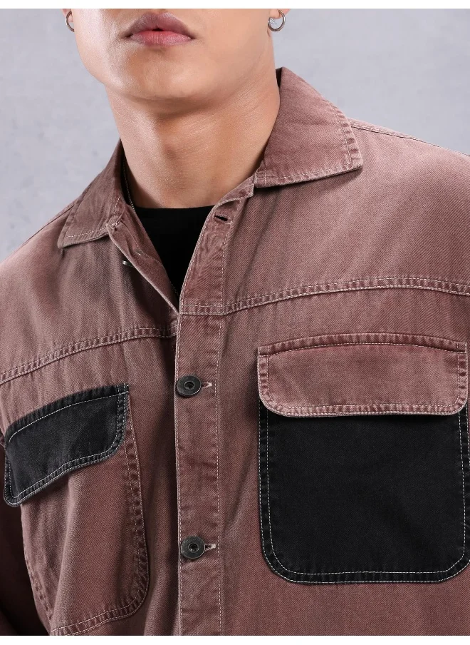 Beyoung Mauve Cut and Sew Casual Shirt for Men