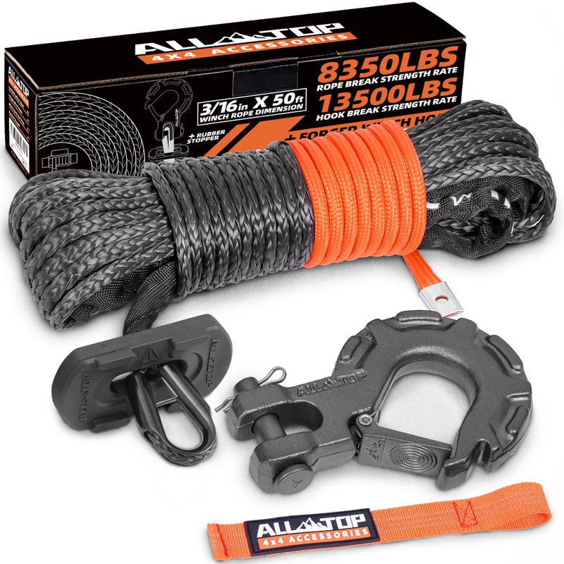 حبل ونش صناعي ALLTOP مع عازل خطاف 316 بوصة × 50 قدم 8350 رطل كابل UHMWPE مجموعة استبدال خطاف مطروق قفل مطاطي حزام سحب أمان