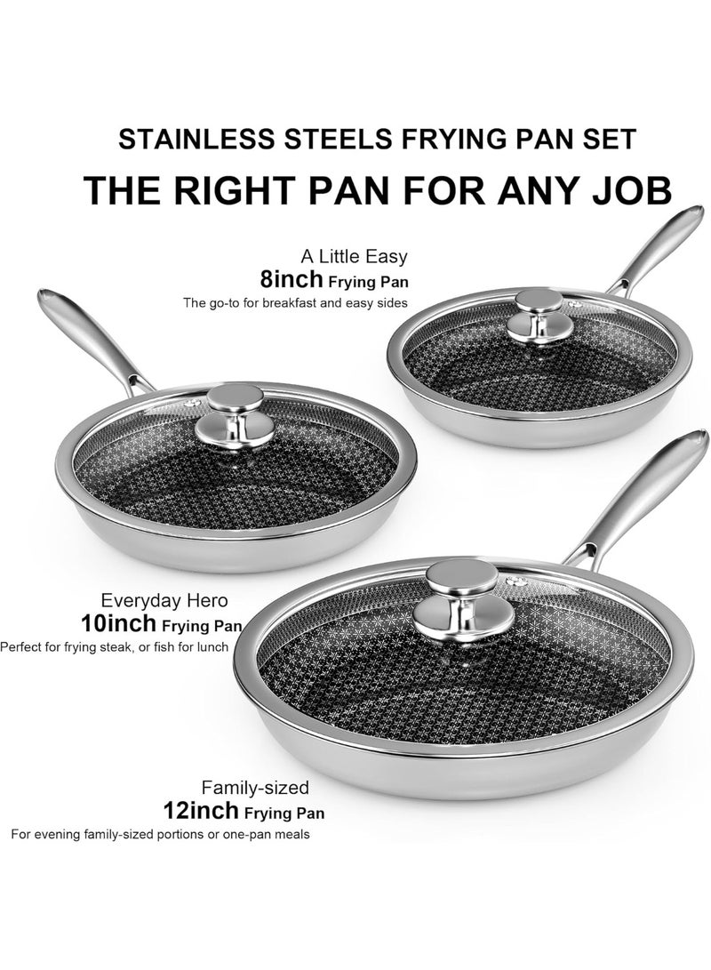 طقم طاسات غير لاصقة مع غطاء، ٨/١٠/١٢ بوصة من الفولاذ المقاوم للصدأ الثلاثي الطبقات، طاسات طهي مانعة للالتصاق، مناسبة للاستخدام على كل أنواع البوتاجاز، غير سامة وكمان آمنة للغسالة والفرن - Image 2