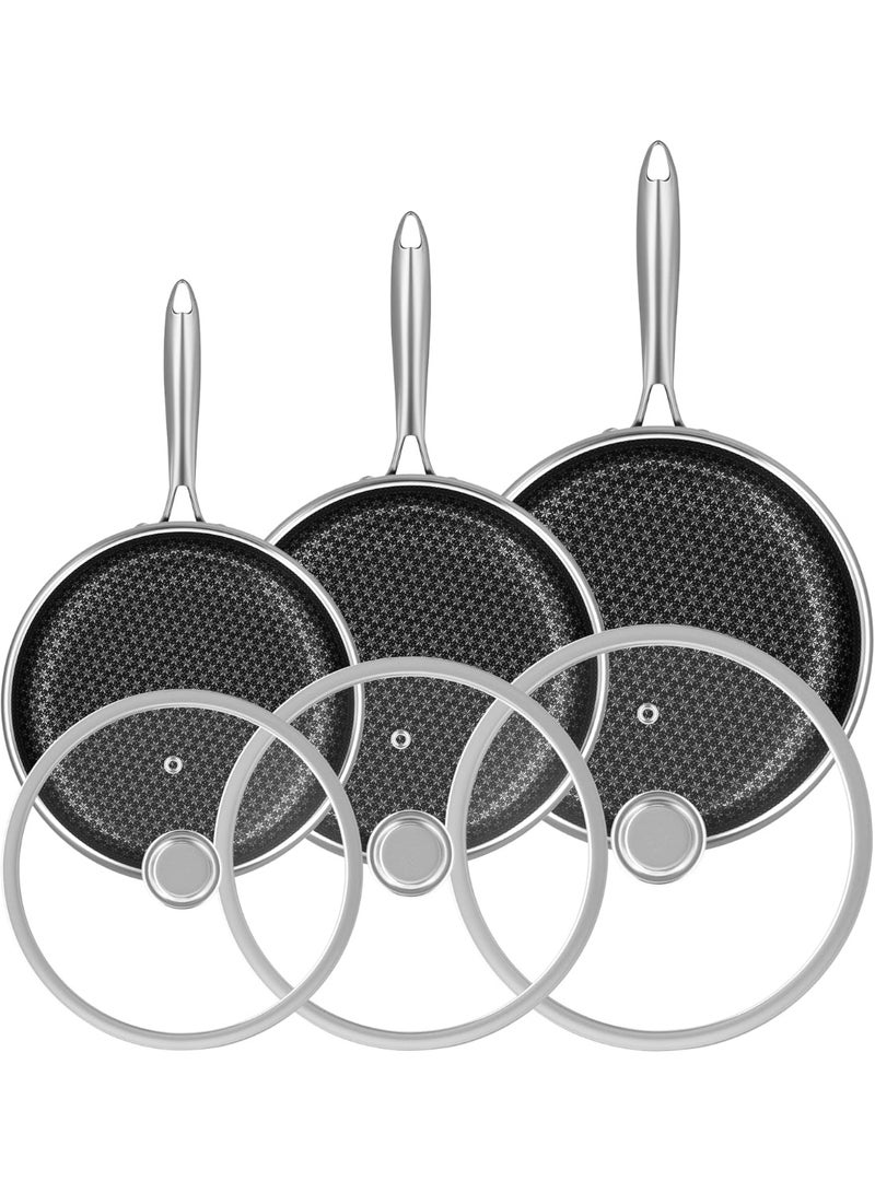 طقم طاسات غير لاصقة مع غطاء، ٨/١٠/١٢ بوصة من الفولاذ المقاوم للصدأ الثلاثي الطبقات، طاسات طهي مانعة للالتصاق، مناسبة للاستخدام على كل أنواع البوتاجاز، غير سامة وكمان آمنة للغسالة والفرن - Image 1