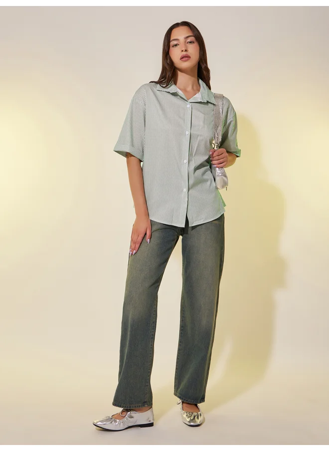 تايك تو Take Two Striped Short Sleeve Oversized Shirt