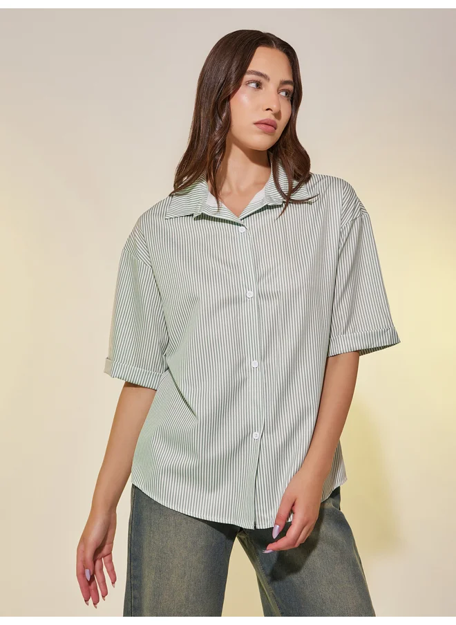 تايك تو Take Two Striped Short Sleeve Oversized Shirt