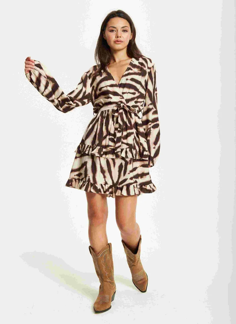 Liquorish Zebra Print Ruffle Wrap Dress