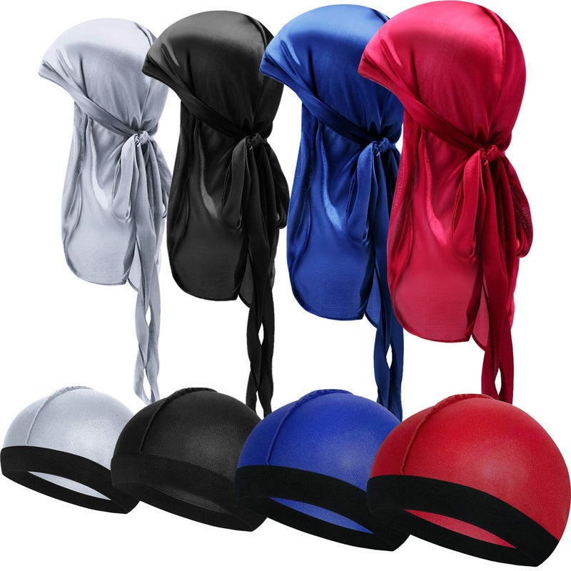 Satinior 8 Pieces Silky Durag Caps Elastic Wave Cap Long Tail Headwraps Wide Straps Waves, Red, Grey, Black, Royal Blue, L - Image 1