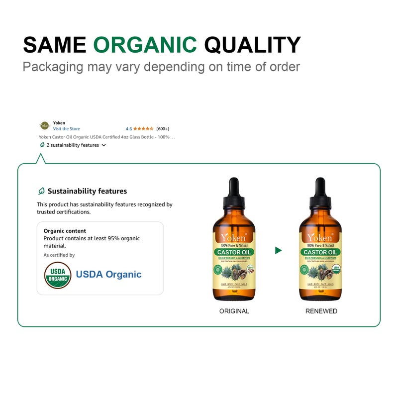 Yoken Castor Oil USDA & EWG Verified 4oz Glass Bottle - 100% Pure, Cold Pressed, Hexane Free, Virgin Caster Oils for Face, Eyelash, Eyebrow, Hair - with Lash Starter Kit & Empty Roller Ball Bottle - Image 2