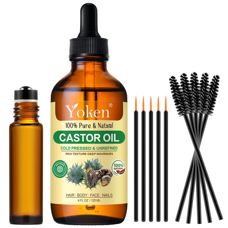 Yoken Castor Oil USDA & EWG Verified 4oz Glass Bottle - 100% Pure, Cold Pressed, Hexane Free, Virgin Caster Oils for Face, Eyelash, Eyebrow, Hair - with Lash Starter Kit & Empty Roller Ball Bottle - Image 1