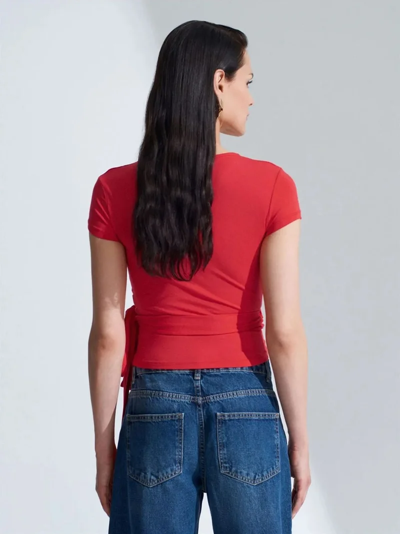 ديلفين Dilvin Crop Wrap Blouse With Tie Detail