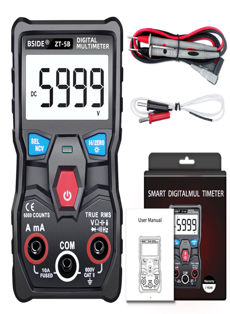 بي سايد جهاز قياس متعدد رقمي ذكي عالي الدقة ZT-5B من BSIDE مزود بـ 6000 عداد، مزود بخاصية BT، وجهاز اختبار RMS حقيقي، لقياس جهد التيار المستمر/التيار المتردد، ومقاومة التيار المستمر/التيار المتردد، والسعة، والتردد، والصمام الثنائي، ومصباح يدوي لقياس درجة الحرارة من -20 إلى 1000 درجة مئوية. - Image 2