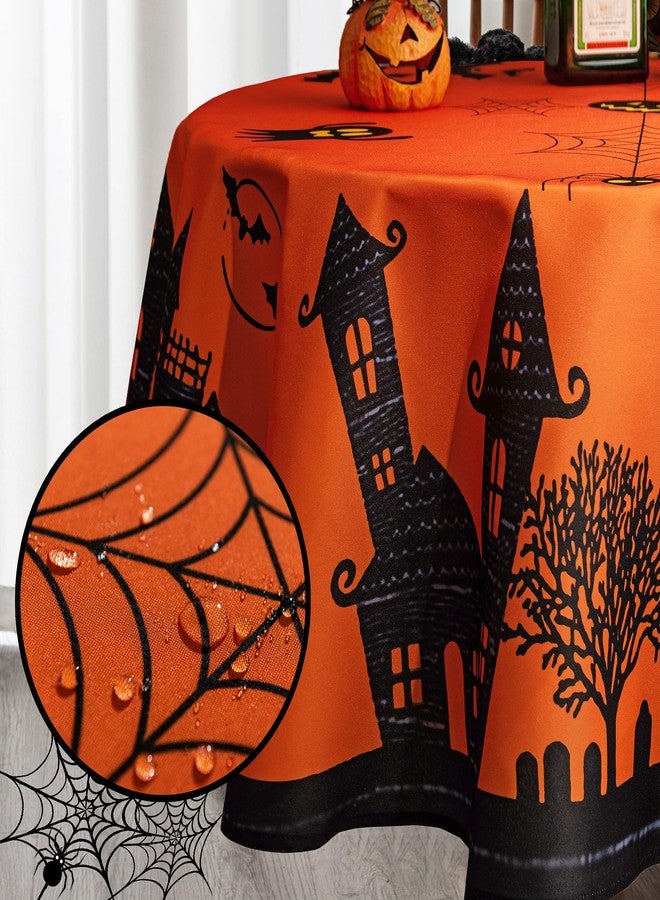 MikiUp Round Halloween Tablecloth - Haunted House Decorative Holiday Table Cloth, Waterproof and Washable Fabric Table Cover for Party Kitchen Dining Room Indoor, 60 Inch - Image 2