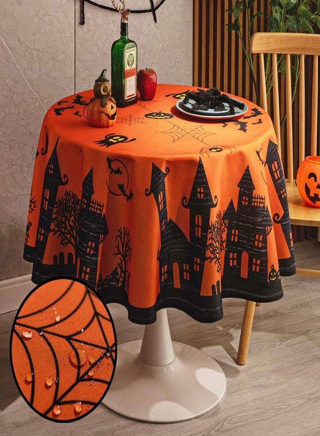 MikiUp Round Halloween Tablecloth - Haunted House Decorative Holiday Table Cloth, Waterproof and Washable Fabric Table Cover for Party Kitchen Dining Room Indoor, 60 Inch - Image 1