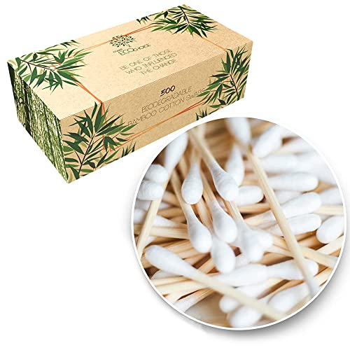 NATULANE Premium 500 Biodegradable Bamboo Cotton Swabs  Zero Waste Disposable Products  Compostable Q Tips For Ears  Plastic Free Makeup Swab  Safety Wooden Ear Sticks  Eco Friendly Eye Cleaning Utensils
