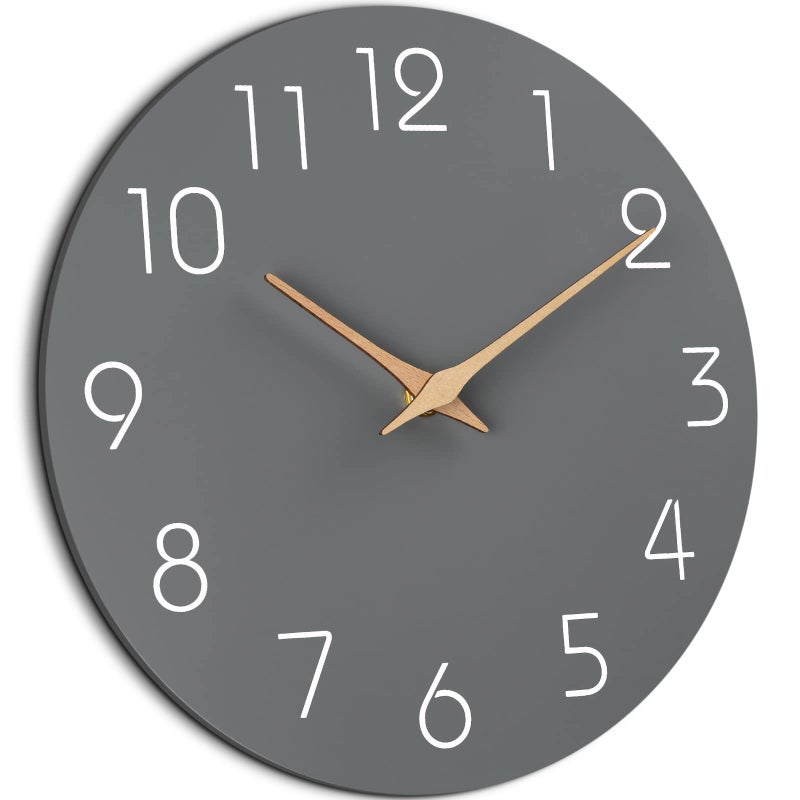 Mosewa Wall Clock 12 Inch Gray Silent Non Ticking Battery Operated Modern Simple Wooden Clock Decorative for Kitchen Home Bedroom Bathroom Office Living Room