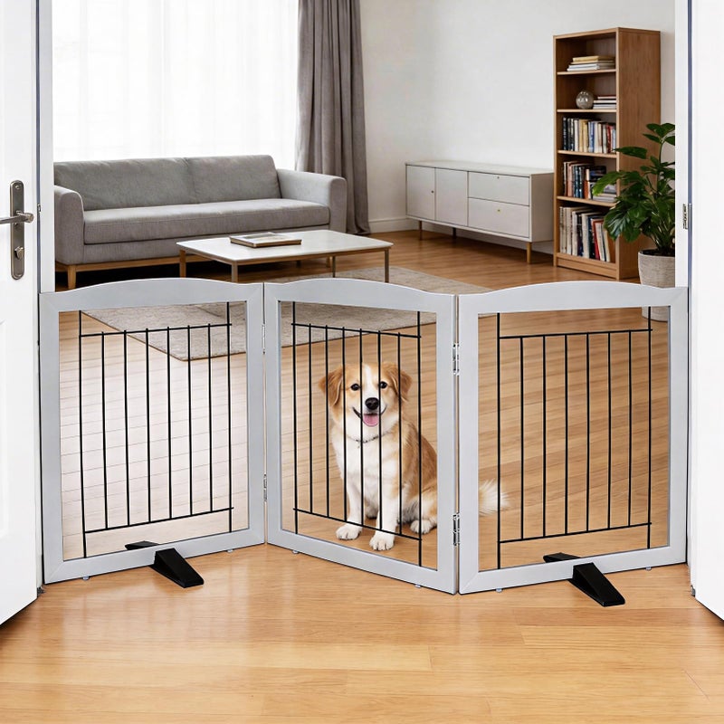 ZJSF Freestanding Dog Fence Indoor, Foldable Dog Gate for Doorways, Stairs or Hallways, Sturdy Wood Extra Wide Pet Gate with Support Feet for The House, Grey, 24 "Height-3 Panels - Image 1