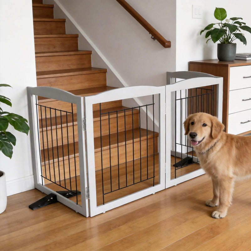 ZJSF Freestanding Dog Fence Indoor, Foldable Dog Gate for Doorways, Stairs or Hallways, Sturdy Wood Extra Wide Pet Gate with Support Feet for The House, Grey, 24 "Height-3 Panels - Image 3