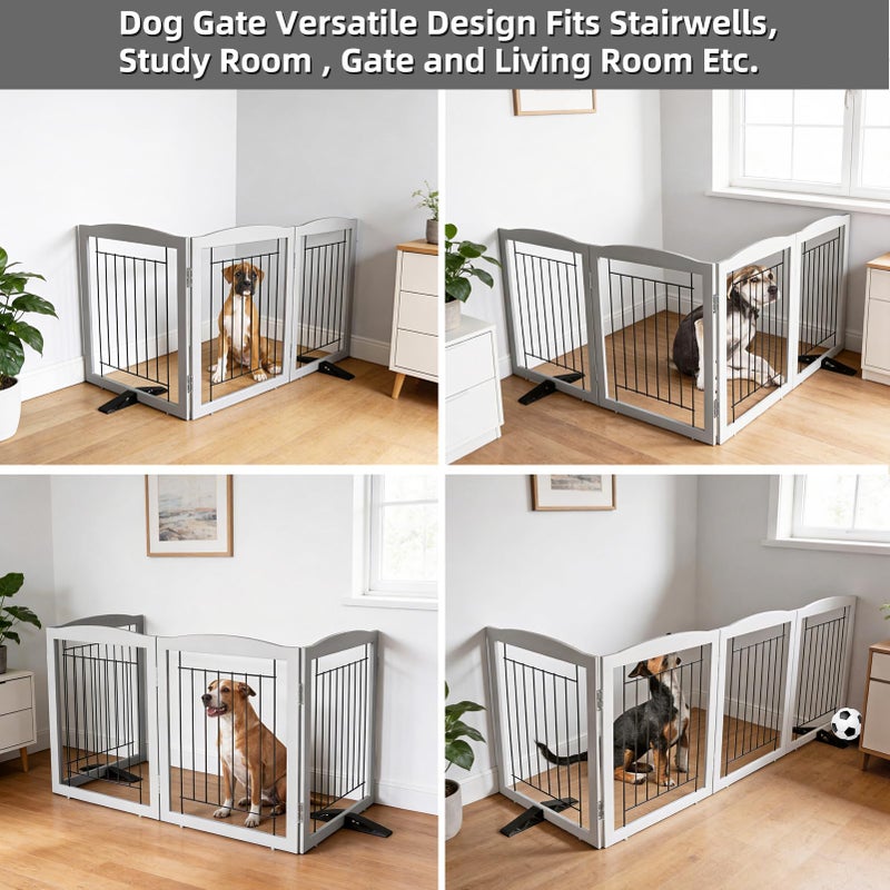 ZJSF Freestanding Dog Fence Indoor, Foldable Dog Gate for Doorways, Stairs or Hallways, Sturdy Wood Extra Wide Pet Gate with Support Feet for The House, Grey, 24 "Height-3 Panels - Image 4
