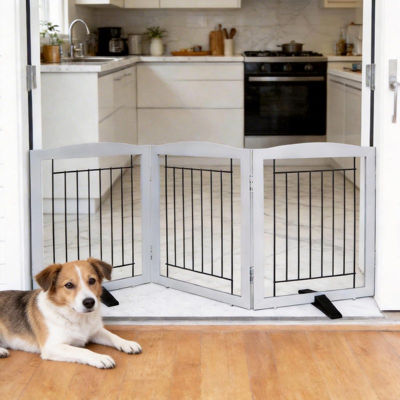 ZJSF Freestanding Dog Fence Indoor, Foldable Dog Gate for Doorways, Stairs or Hallways, Sturdy Wood Extra Wide Pet Gate with Support Feet for The House, Grey, 24 "Height-3 Panels - Image 2