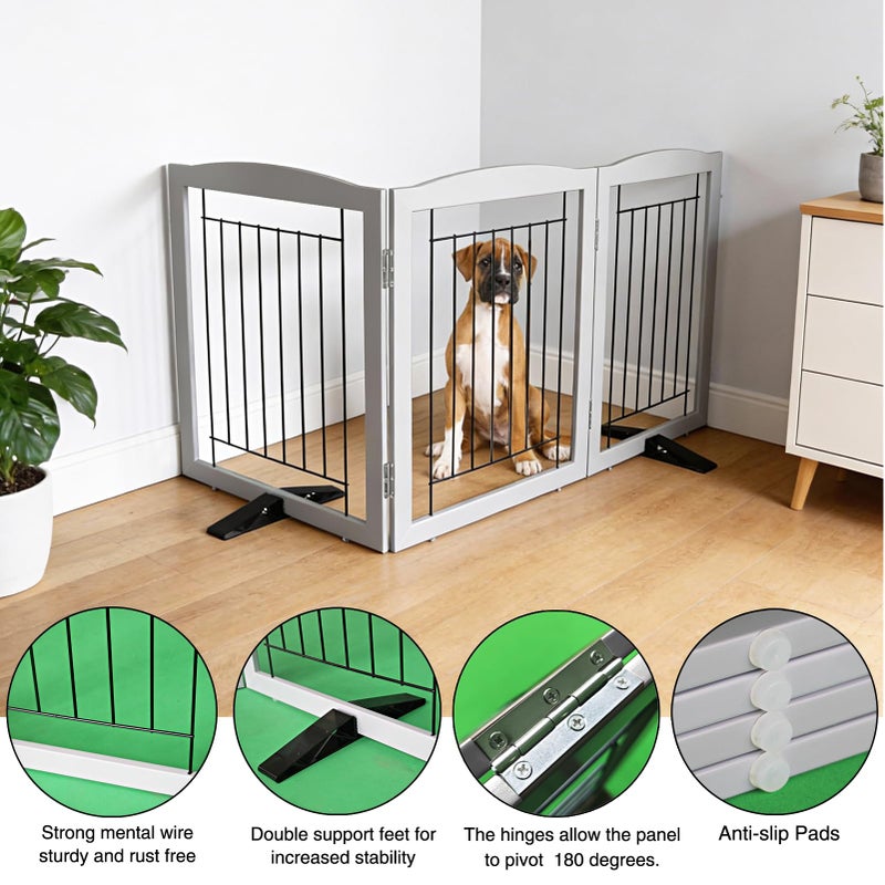 ZJSF Freestanding Dog Fence Indoor, Foldable Dog Gate for Doorways, Stairs or Hallways, Sturdy Wood Extra Wide Pet Gate with Support Feet for The House, Grey, 24 "Height-3 Panels - Image 5