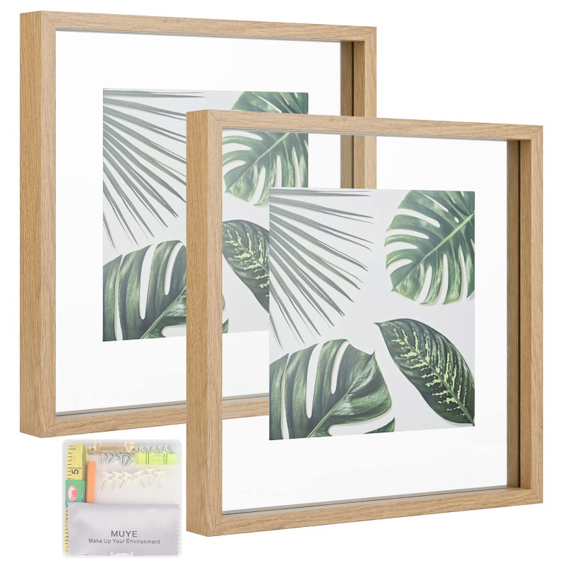 MUYE 12x12 Floating Frame Set of 2,Double Glass Rustic Square Photo Frame,Display Any Size Photo up to 12x12,Wall Mount or Tabletop Standing Natural - Image 1
