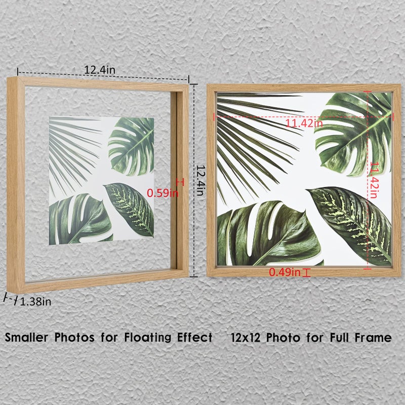 MUYE 12x12 Floating Frame Set of 2,Double Glass Rustic Square Photo Frame,Display Any Size Photo up to 12x12,Wall Mount or Tabletop Standing Natural - Image 2