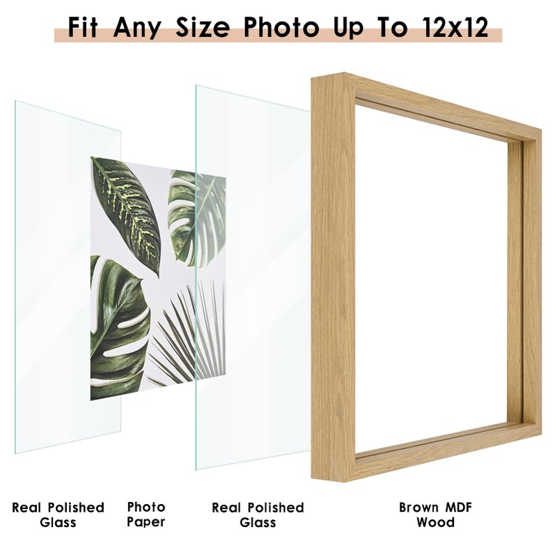 MUYE 12x12 Floating Frame Set of 2,Double Glass Rustic Square Photo Frame,Display Any Size Photo up to 12x12,Wall Mount or Tabletop Standing Natural - Image 4