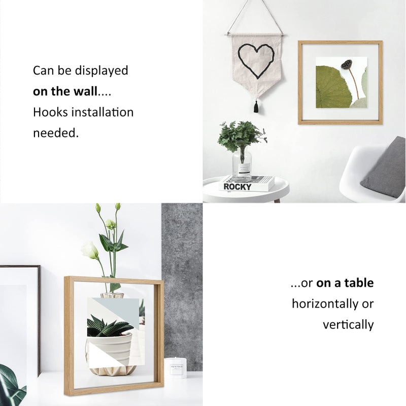 MUYE 12x12 Floating Frame Set of 2,Double Glass Rustic Square Photo Frame,Display Any Size Photo up to 12x12,Wall Mount or Tabletop Standing Natural - Image 5