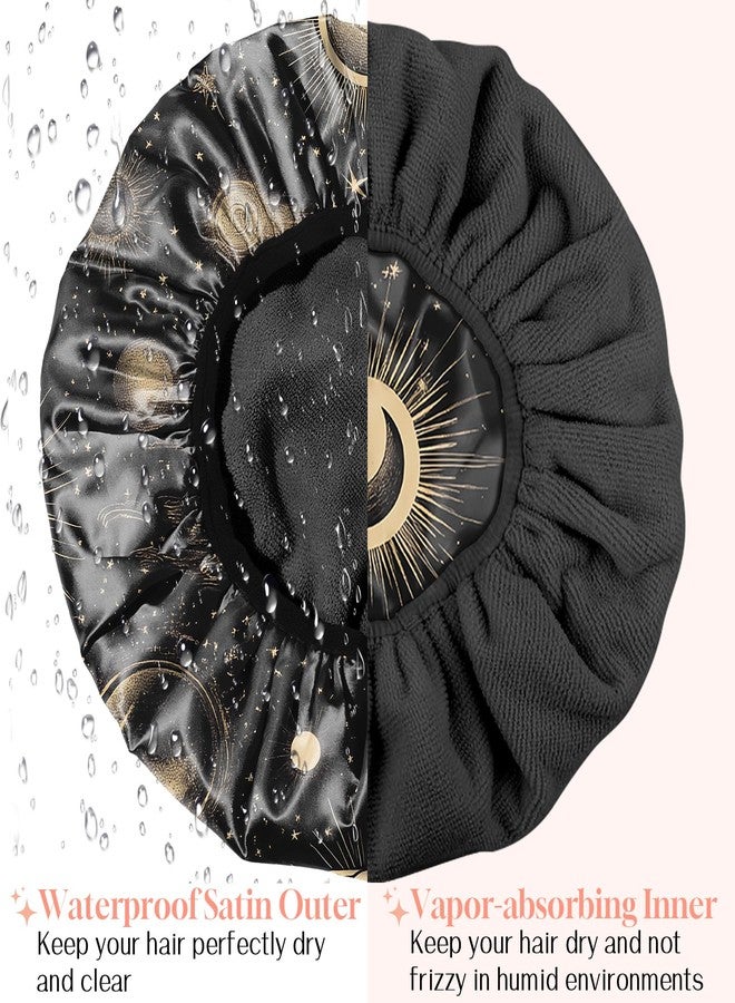 BHAHB Luxury Shower Cap Reusable Terry Cloth Lined EVA Triple Waterproof Layer Elastic Hair Bath Caps for Women Girls Cute-Moon - Image 5
