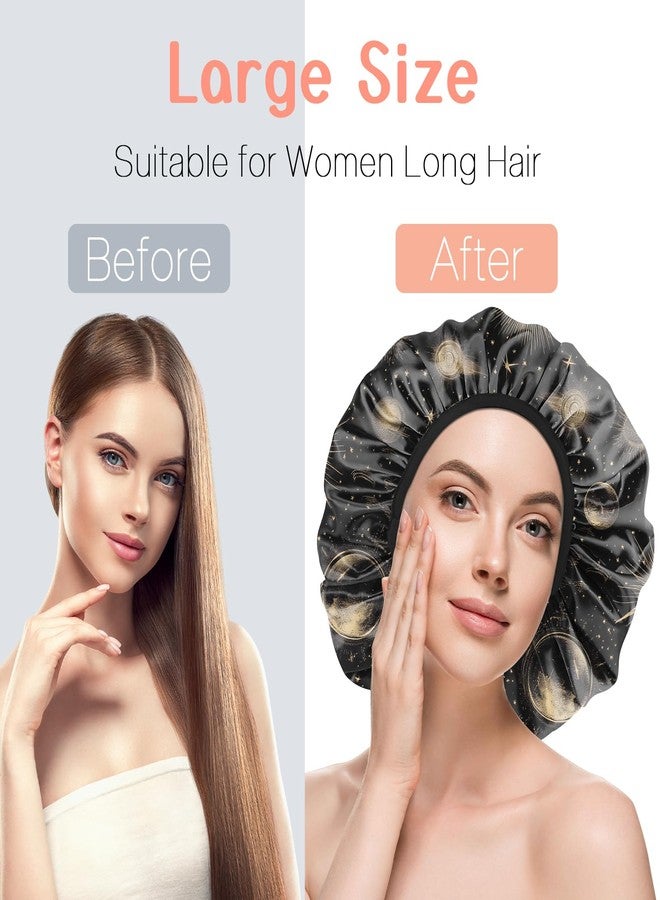 BHAHB Luxury Shower Cap Reusable Terry Cloth Lined EVA Triple Waterproof Layer Elastic Hair Bath Caps for Women Girls Cute-Moon - Image 4