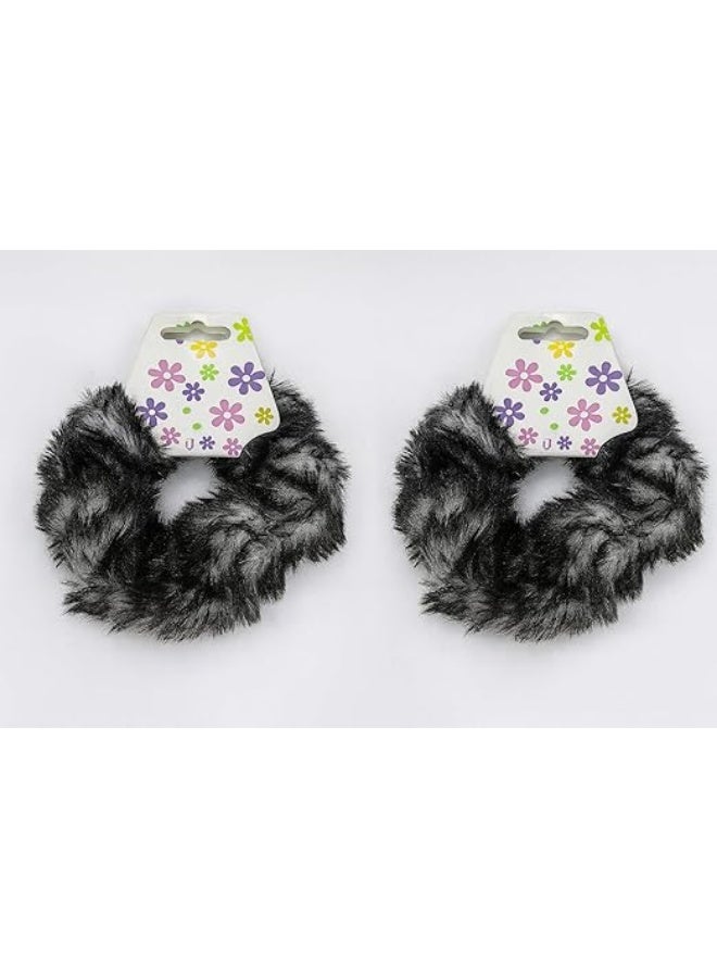 Fluffy Faux Fur Hair Scrunchies – Black, Pack of 2, Soft Elastic Hair Bands for Women & Girls - Image 1