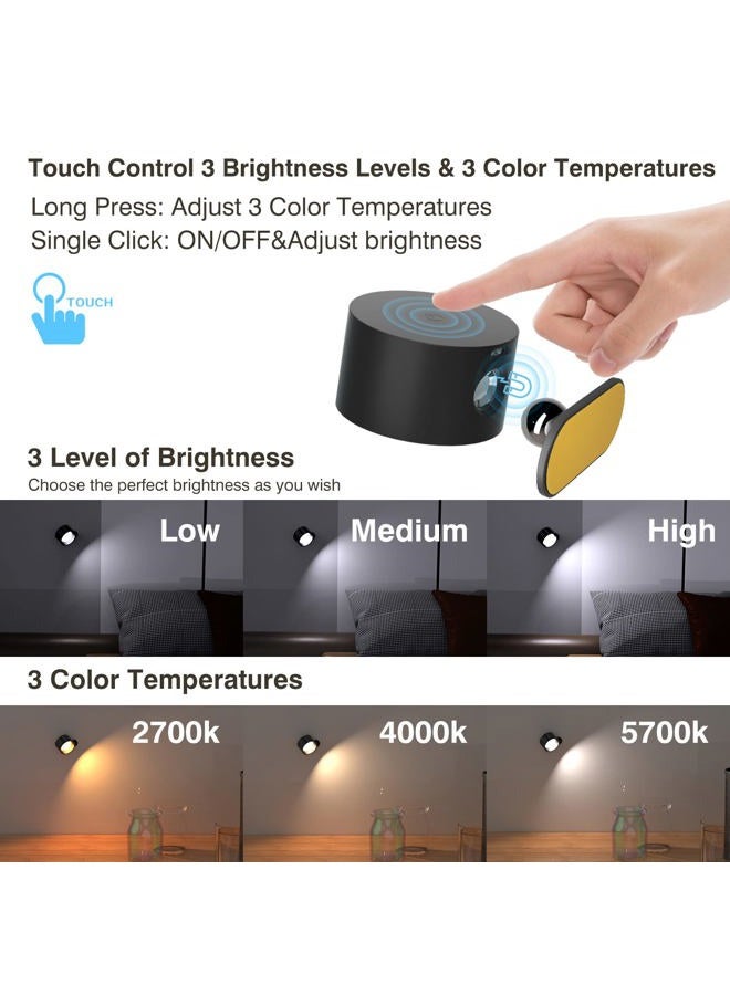 Koopala LED Wall Mounted Reading Lights, Wall Sconces with USB Charging Port 3 Brightness Levels 1800mAH Battery Magnetic Ball 360°Rotation Dimmable Touch Control, Lamps for Kids Study Bedside Closet - Image 2