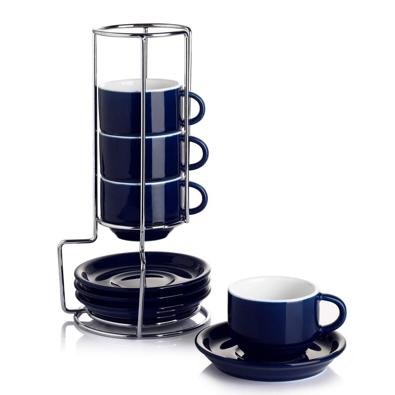 Sweese 4 Ounce Porcelain Stackable Espresso Cups with Saucers and Metal Stand Set of 4 Navy