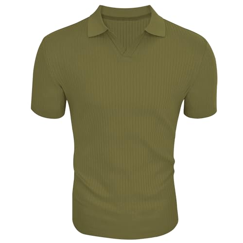 Gnvviwl Men's Muscle V Neck Polo Shirts Slim Fit Short Sleeve Cotton Golf T-Shirts Ribbed Knit Soft Tees Army Green - Image 2