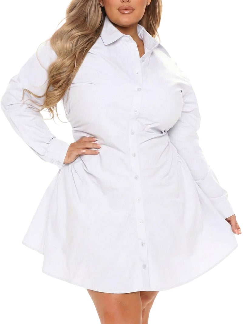 SUNNOW Women's Short Shirt Dress, Long Sleeve V-Neck Button Down Tunic with Ruched Waist, Casual Collared Mini Dress (US, Alpha, Medium, Regular, Regular, White) - Image 5
