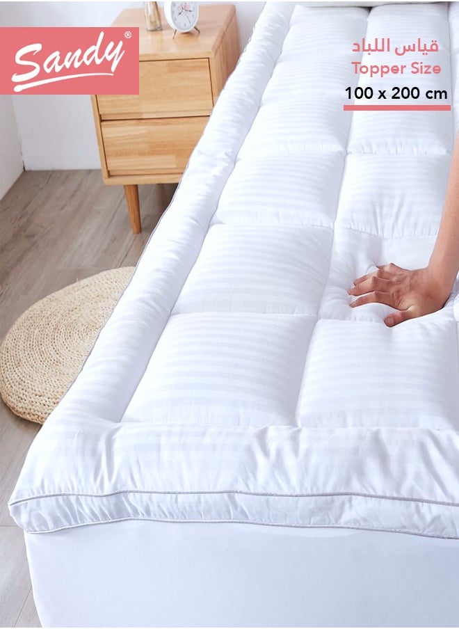 Sandy SANDY Soft Mattress Topper, Fitted Sheet Style Up to 35cm High, 100% Super Soft Microfiber Fabric, Soft & Thick Down Alternative Filling, (Twin Size: 100X200 cm + 10 cm Thickness, White Stripe)  - Image 2
