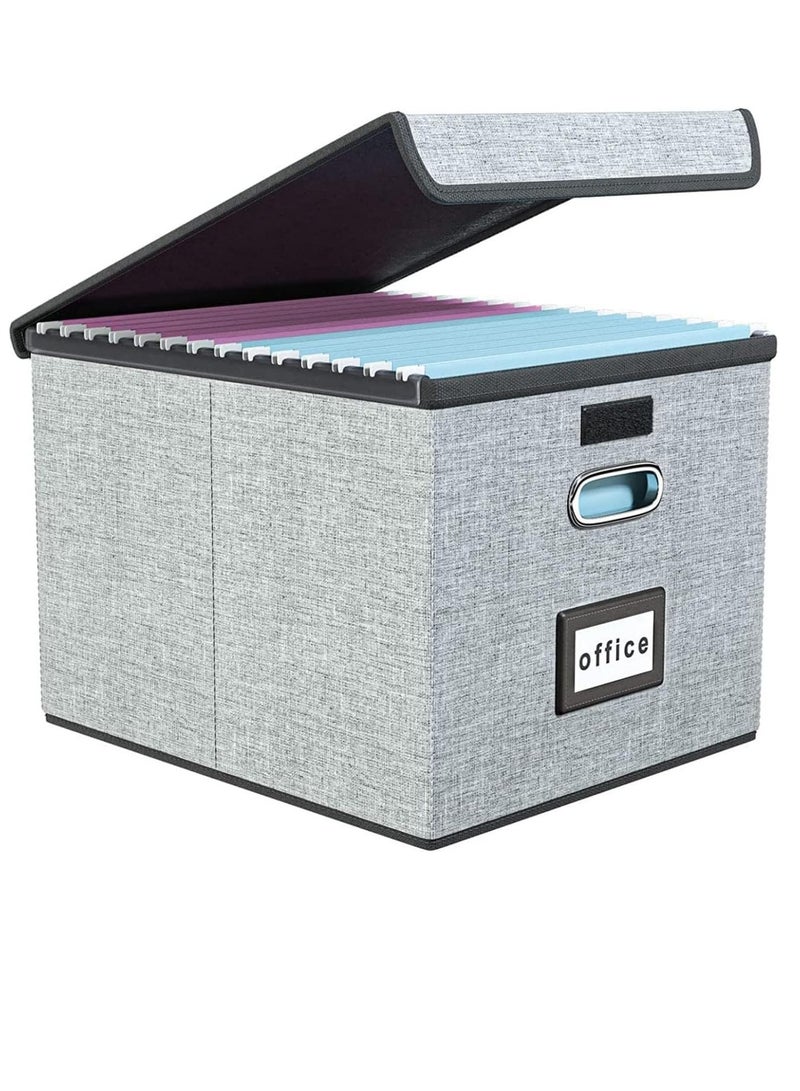 Bukela Portable File Organiser Box with Lid, Collapsible Linen Hanging Filing Storage Boxes with Plastic Slide, Decorative Home/Office Filing System for File and Folders Storage (Grey) - Image 1